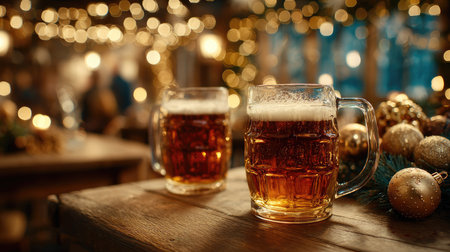 Two beer mugs filled with a rich, amber beverage sit on a rustic wooden table, surrounded by sparkling Christmas decorations and soft bokeh lights.の素材