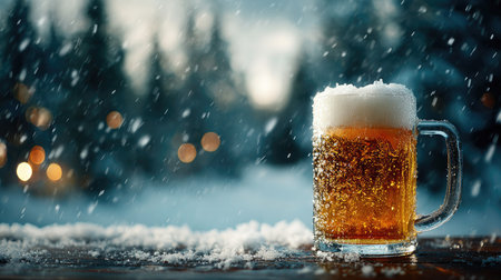 A frosty beer mug sits on a wooden table in a picturesque winter landscape, surrounded by falling snowflakes and warm festive lights, inviting relaxation.の素材