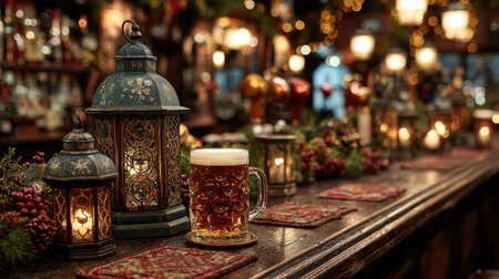 A warm and inviting pub scene features a glass of beer surrounded by ornate lanterns and festive decorations, capturing the essence of cozy gatherings.の素材