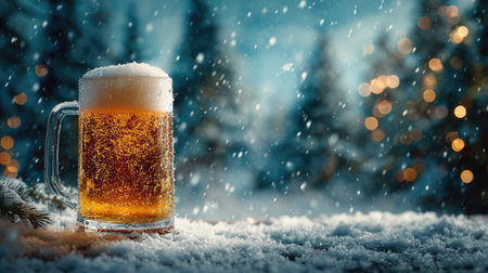 A frosty beer mug sits invitingly in a snowy landscape, illuminated by soft twinkling lights, capturing the essence of winter warmth and festive cheer.の素材
