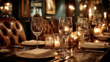 This image captures an elegant dinner setting adorned with glassware, candles, and soft lighting, creating a romantic atmosphere for special occasions.の素材