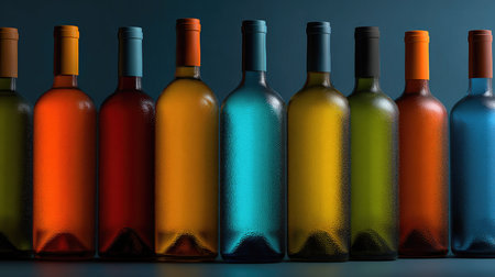 This image features a vibrant collection of vintage glass bottles in various colors arranged on a blue background, showcasing unique shapes and textures.の素材