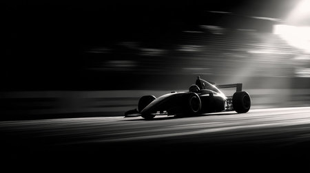 A striking image of a race car in motion, captured in high-contrast black and white. The dynamic lines convey speed and energy on the track.の素材