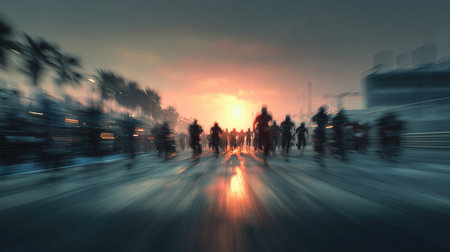 A captivating scene of a biker rally at sunset, showcasing blurred motion of riders against a vibrant backdrop. The image conveys energy and excitement.の素材