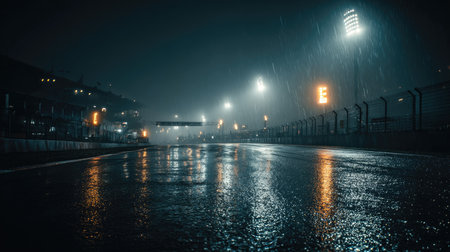 A captivating scene of a racing track during a heavy rain, showcasing reflections on wet pavement and illuminated by stadium lights, creating a dramatic ambiance.の素材