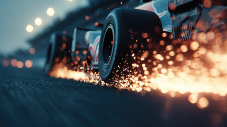 A powerful race car speeds along a wet track, emitting sparks from its tires while creating a sense of dynamic motion and excitement in a nighttime setting.の素材