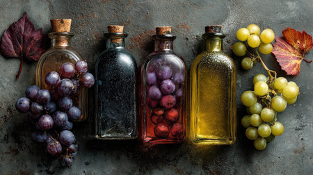 A captivating arrangement of assorted glass bottles filled with colorful grapes, enhancing the rustic texture of the surface, perfect for seasonal themes.の素材