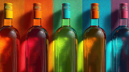 Five colorful bottles lined up with vibrant caps against a bright background create an artistic visual display, perfect for creative projects.の素材