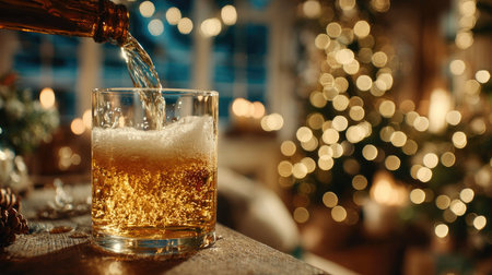 A beautiful scene capturing a drink being poured into a glass, with warm holiday lights and a decorated Christmas tree in the background, evoking festive cheer.の素材
