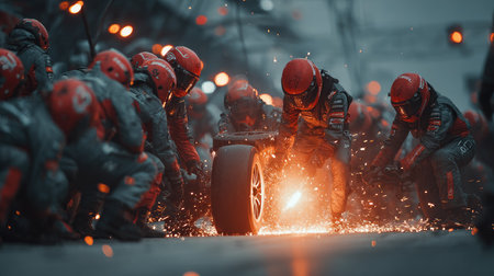 An electrifying scene of a Formula racing pit stop with mechanics changing tires amidst flying sparks and intense action, showcasing teamwork and precision.の素材