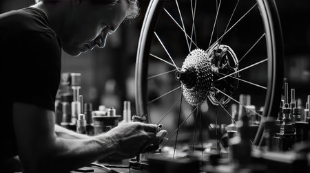 A skilled mechanic is shown in a workshop, focused on repairing a bicycle gear system. The image captures intricate details, emphasizing craftsmanship and dedication.の素材