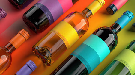 A dynamic arrangement of colorful wine bottles featuring bold labels on a vibrant gradient background. Ideal for showcasing creative beverage packaging and design.の素材