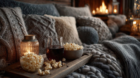 This inviting scene features a cozy living room setup, complete with a tray of popcorn and a drink, soft blankets, and warm lighting, perfect for a relaxing evening.の素材