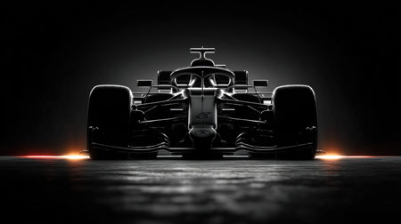 This striking image showcases the silhouette of a Formula One racing car, illuminated by glowing lights in a dark environment, emphasizing speed and performance.の素材