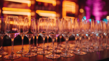 A stunning display of empty wine glasses arranged in a modern bar setting, highlighting the colorful lights and elegant design, perfect for events.の素材