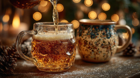 This cozy winter scene features warm beverages in charming mugs, surrounded by twinkling lights and rustic decor. Perfect for evoking holiday joy.の素材