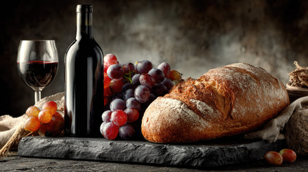 This exquisite still life features a rustic loaf of bread, a bottle of red wine, and fresh grapes, beautifully arranged on a dark slate surface, evoking warmth and sophistication.の素材