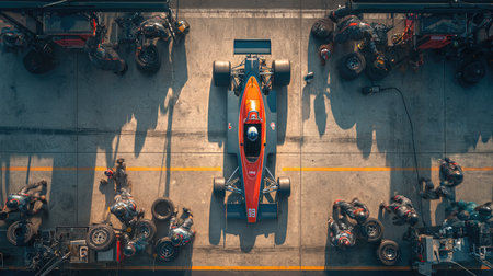 An overhead view captures a thrilling pit stop scene where a race car team efficiently changes tires, highlighting teamwork and precision in motorsport.の素材
