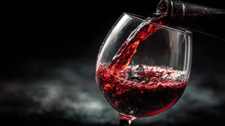 A captivating image of red wine pouring into a glass, showcasing vibrant bubbles and ripples. This visually striking photograph captures the essence of celebration and elegance in beverage enjoyment, making it ideal for event promotions or culinary themes.の素材