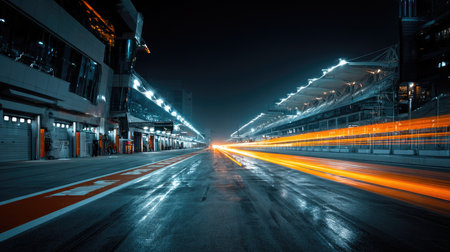 This captivating nighttime image captures a racing track with dynamic motion blur, reflecting lights on wet asphalt, creating an exhilarating atmosphere.の素材