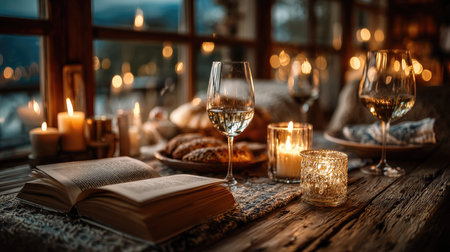 A warm and inviting indoor scene featuring elegantly arranged wine glasses, soft candles, an open book, and delicious pastries. Perfect for relaxation.の素材