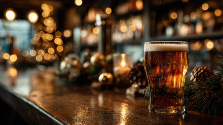 A refreshing glass of amber beer sits on a wooden bar, surrounded by festive decorations and gleaming bokeh lights, creating a warm, inviting atmosphere perfect for celebrations.の素材