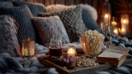 A cozy home setting featuring snacks, wine, and candles creates an inviting atmosphere for a perfect movie night. Enjoy soft blankets and pillows.の素材