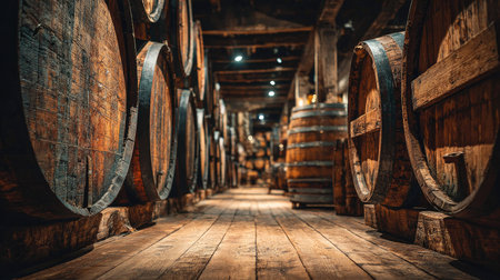 A captivating view of rustic wooden barrels arranged in a dimly lit cellar, highlighting the beautiful craftsmanship and the warm atmosphere of a storied space.の素材