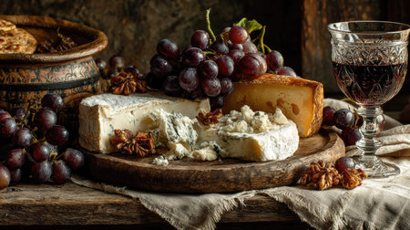 This image captures a rustic cheese platter featuring various cheeses, fresh grapes, and nuts, accompanied by a glass of red wine. Perfect for gourmet food displays.の素材