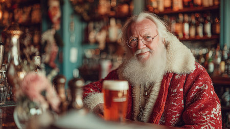 A cheerful elderly man with a long white beard wearing festive clothing enjoys a pint of beer at a cozy bar, surrounded by warm Christmas decorations.の素材