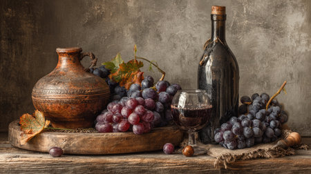 A beautifully arranged rustic still life featuring a variety of grapes, antique pottery, and a dark glass wine bottle on a wooden table.の素材