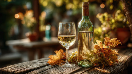 A captivating still life featuring a wine bottle and glass, adorned with vibrant leaves and grapes, capturing the essence of relaxation in nature.の素材