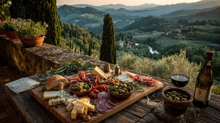 Enjoy a picturesque sunset in the Italian countryside with a delightful gourmet picnic spread featuring various cheeses, cured meats, fresh olives, and fine wine.の素材