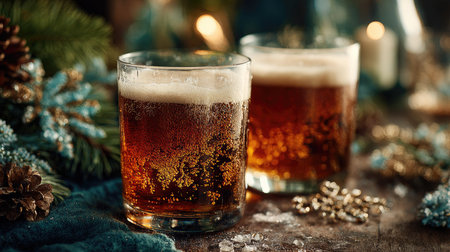 Two glasses of dark beer with frothy tops sit on a rustic wooden table. The setting is adorned with soft Christmas decorations, creating a warm and festive atmosphere perfect for celebrating.の素材
