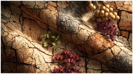 A stunning close-up of a textured surface showcasing dried cracks, accented by vibrant tropical foliage in warm natural light, evoking a sense of beauty in decay.の素材