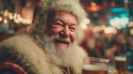 A joyful elder dressed as Santa Claus enjoys a drink at a festive gathering, surrounded by warm lights and cheerful ambiance, capturing the essence of holiday spirit.の素材