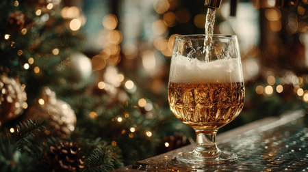 A sparkling glass of golden beer is poured, creating bubbles that rise against a beautifully decorated holiday backdrop filled with festive lights.の素材