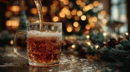 A close-up of a frosty glass filled with golden beer, showcasing bubbles and froth, set against a backdrop of warm holiday lights and pine decorations.の素材