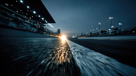 Captivating nighttime shot of a racing track, showcasing reflections on wet asphalt and illuminated stadium lights, evoking a sense of speed and excitement.の素材