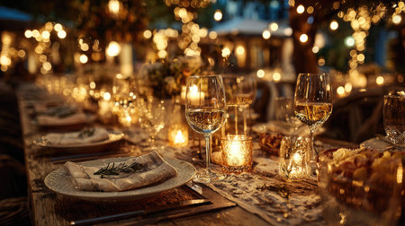 A beautifully arranged dinner table in a garden setting illuminated by twinkling lights and candles, creating an enchanting atmosphere for gatherings.の素材