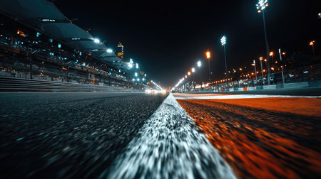 A captivating nighttime scene of a racing track showcasing vivid lights illuminating smooth asphalt, emphasizing speed and energy in sports.の素材