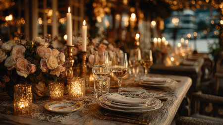 This beautiful dining setup features elegant table decor, soft candlelight, and fresh flowers, perfect for romantic evenings or special celebrations.の素材