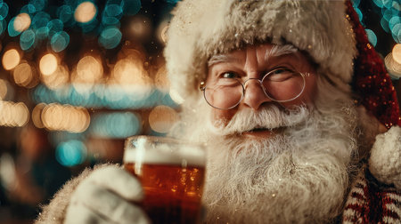 A cheerful Santa Claus joyfully raises a glass of beer in a warm, festive setting adorned with twinkling lights, celebrating the spirit of Christmas.の素材
