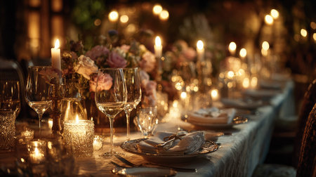 A captivating candlelit dining arrangement featuring elegant glassware, floral centerpieces, and soft lighting, perfect for romantic evenings and celebrations.の素材