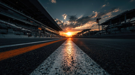 A stunning view of a racing track at sunset, showcasing an empty road leading to the horizon. The dramatic sky and reflective surface create an inspiring atmosphere.の素材
