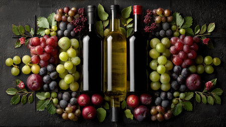 A stunning display of wine bottles surrounded by a vibrant selection of fresh fruits and lush green leaves, perfect for food and wine enthusiasts.の素材