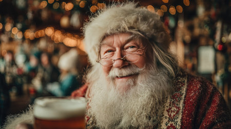 This delightful portrait captures a joyful Santa Claus enjoying a beer in a cozy bar decorated for the festive season, exuding warmth and cheer.の素材