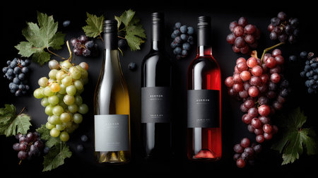 This captivating still-life image showcases three wine bottles artistically arranged with fresh grapes and green leaves, perfect for wine enthusiasts.の素材