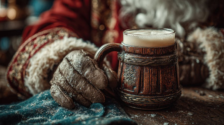 A warm and festive scene showcasing a beautifully crafted mug held in a fluffy glove against a rustic backdrop. Perfect for holiday-themed projects.の素材