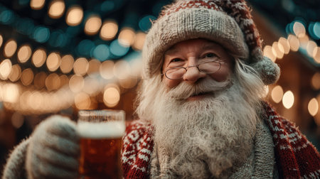 A cheerful Santa Claus raises a beer in a festive setting, surrounded by twinkling lights at a Christmas market, radiating warmth and joy.の素材